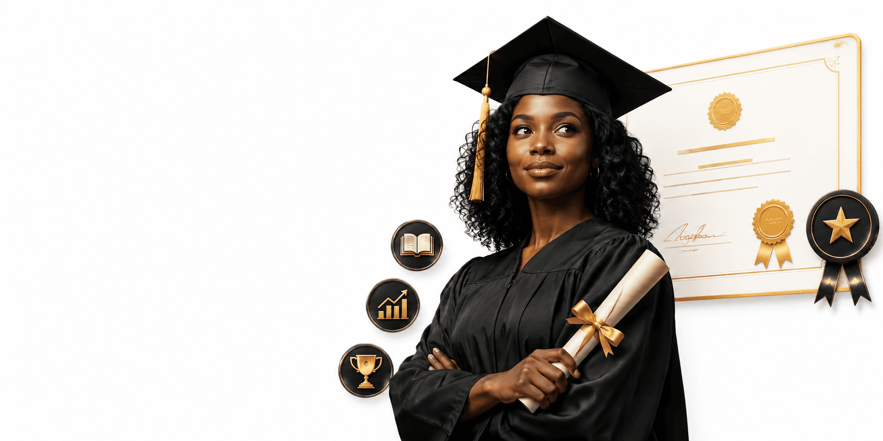 Graduate celebrating trading education success with diploma and achievement badges